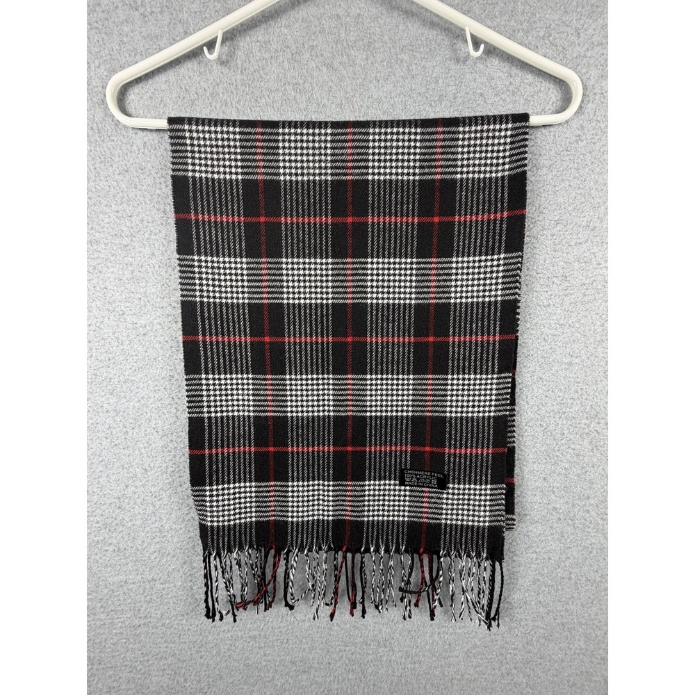 Cashmere Feel‎ Scarf Womens One Size Black Red Plaid Fringe Acrylic Knit Winter